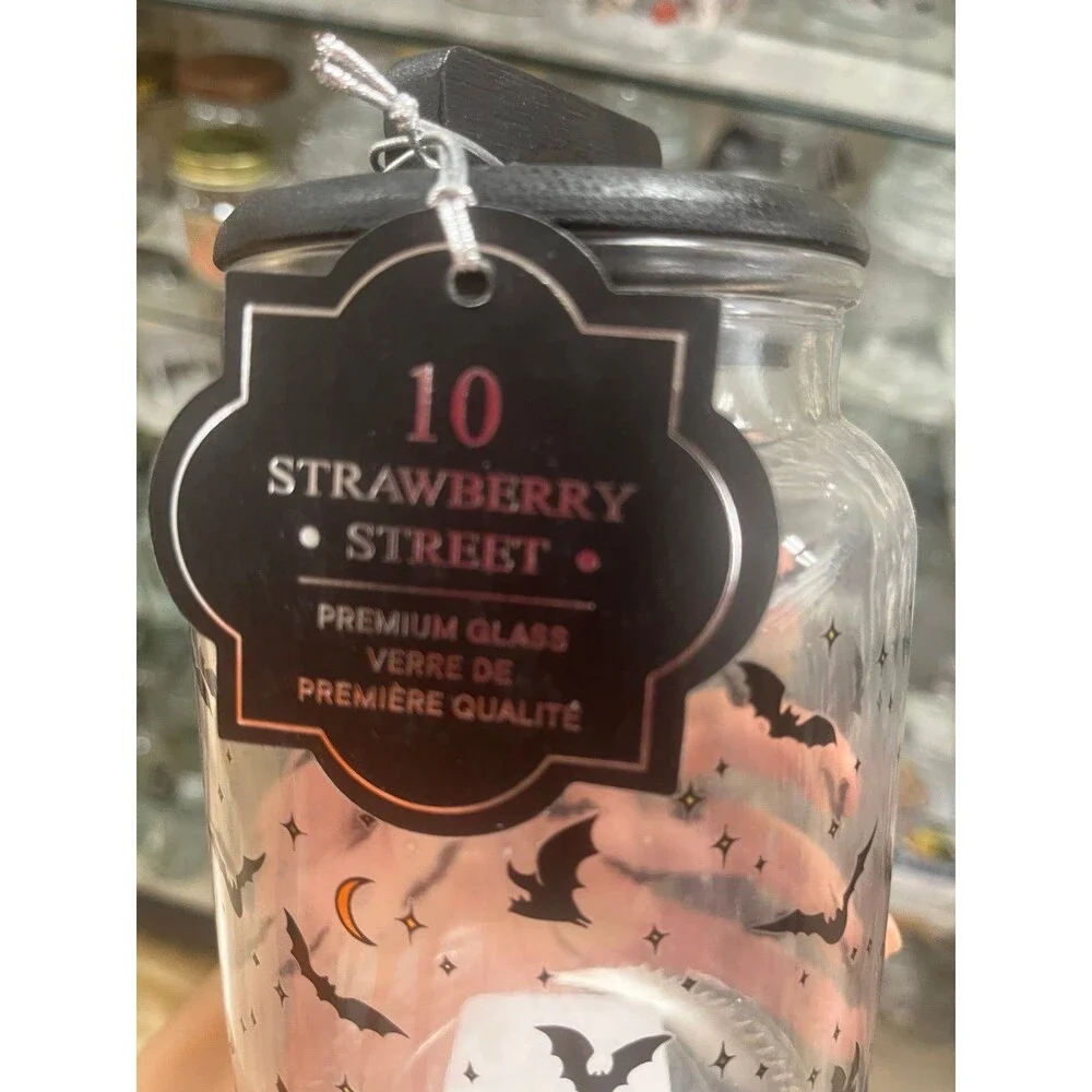 10 Strawberry Street Halloween Bat Moon Glass Jar with Wood Lid